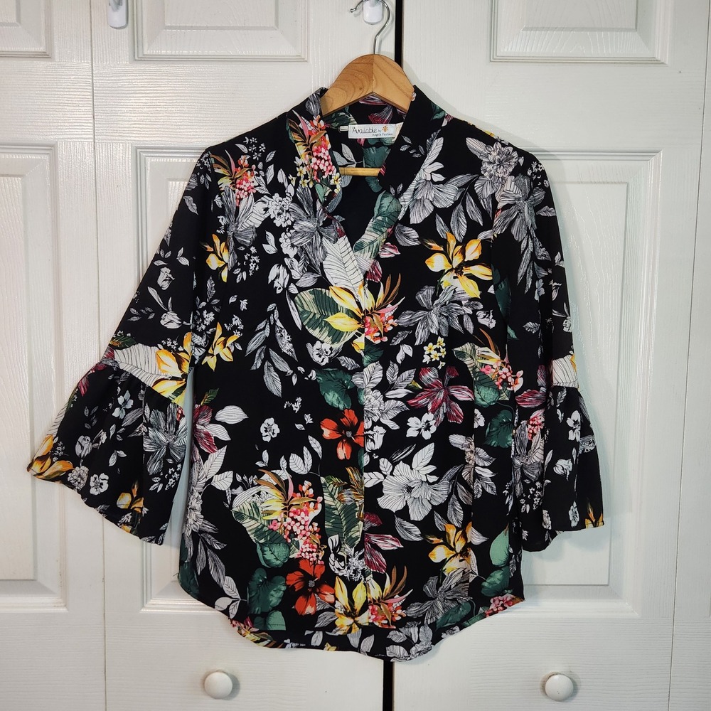 Available by Angela Fashion Black Tropical Floral Bell Sleeve Blouse Boho Island